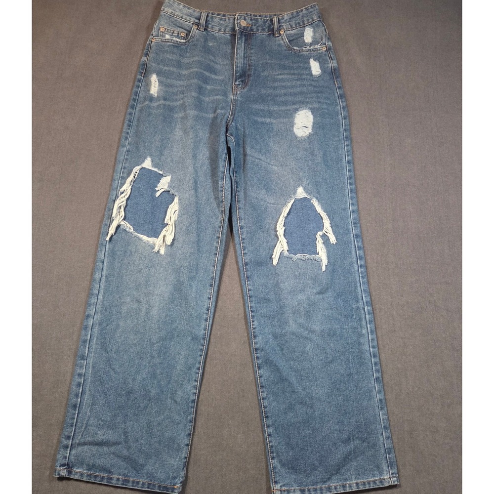 Refuge Denim Wide Leg Jeans Womens 9 Blue Distressed Knee Blowout High Rise